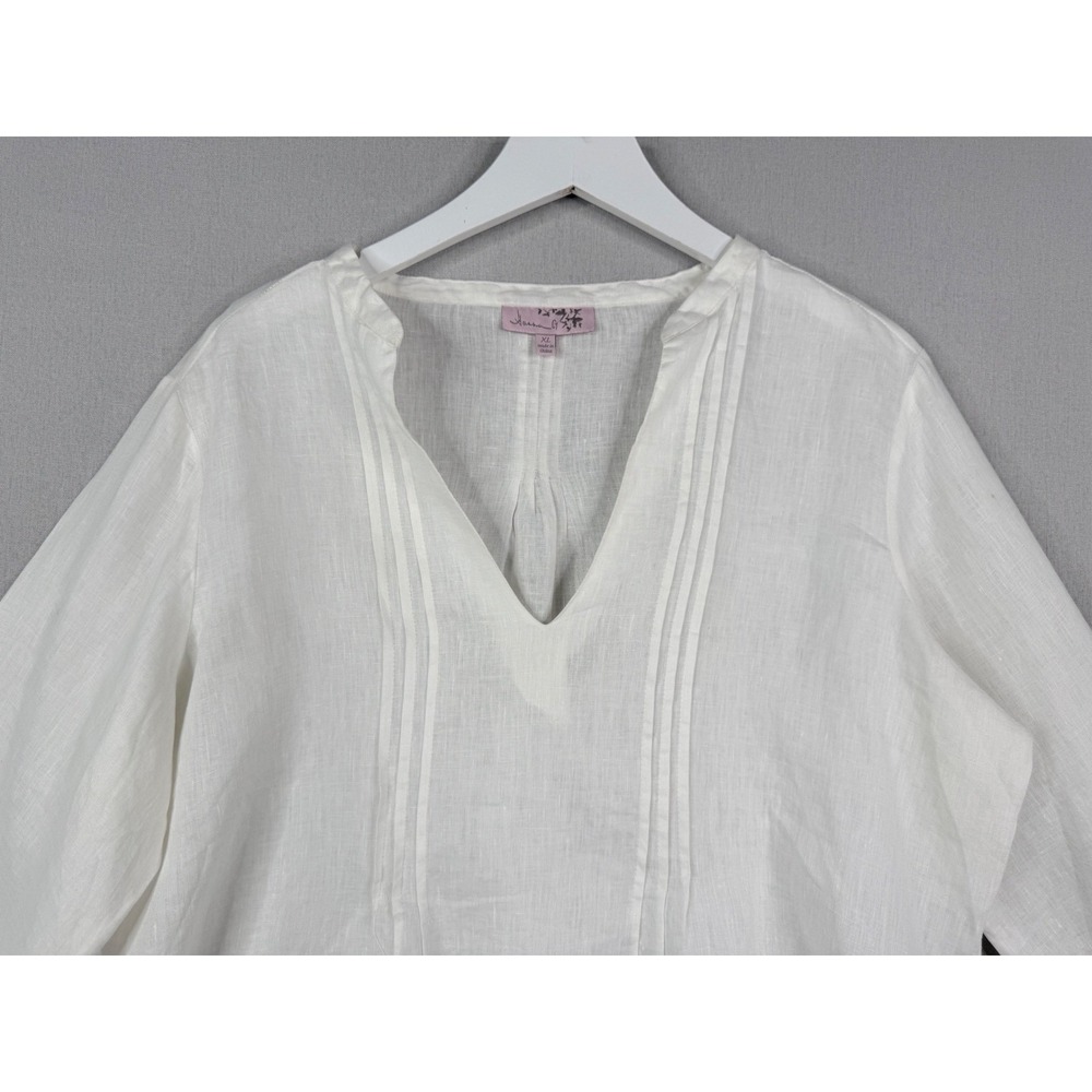 Hanna G Linen Tunic Blouse Womens XL White V-Neck Pintuck Coastal Minimalist - Picture 2 of 11
